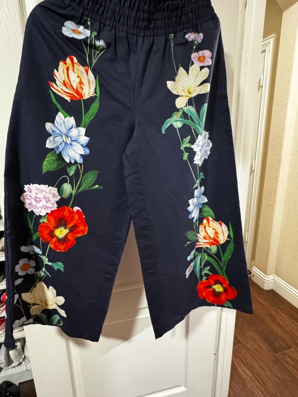 Anthropologie Navy Wide-Leg Floral Print Pants
